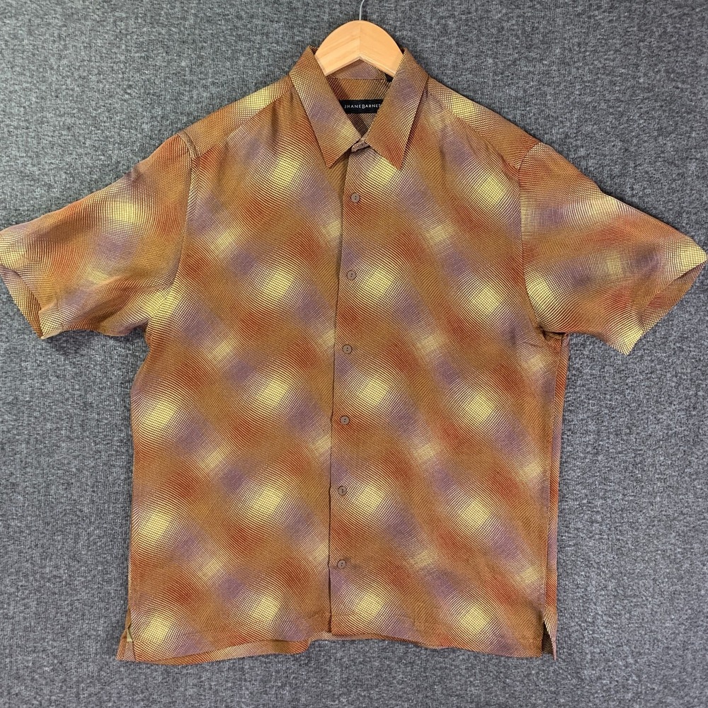 Jhane Barnes Silk Shirt Men Medium Orange Abstract Hippie 70's Retro Bold